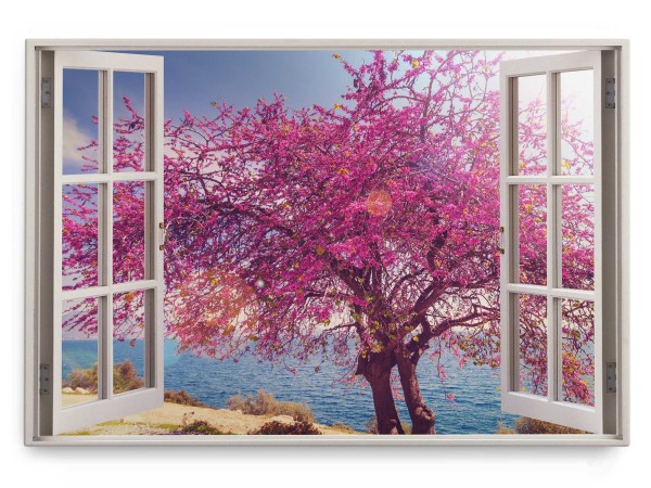 Wandbild 120x80cm Fensterbild Mittelmeer Sonnenschein Sommer Baum Violett