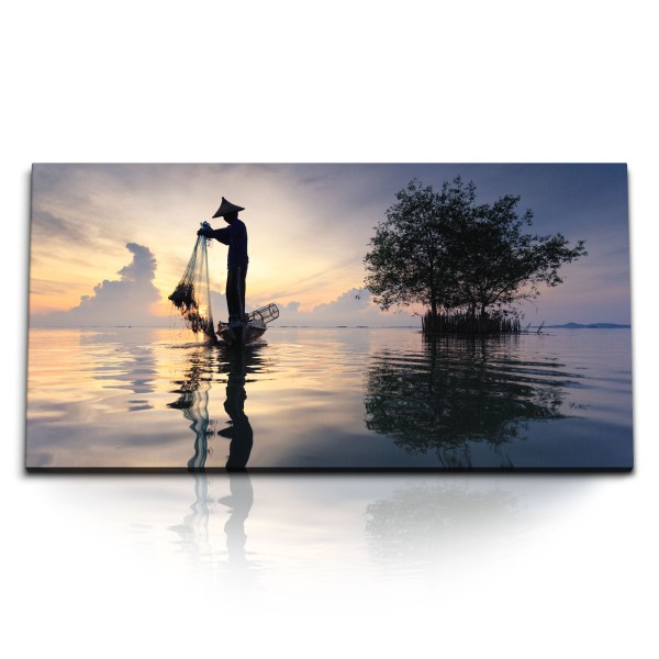 Paul Sinus Art Kunstdruck Bilder 120x60cm Fotokunst Fischer Meer Thailand Horizont Abendrot