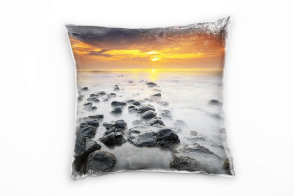 Paul Sinus Art Meer, grau, orange, Felsen, Sonnenaufgang Deko Kissen 40x40cm für Couch Sofa Lounge Zierkissen