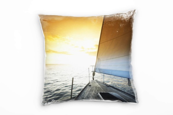 Paul Sinus Art Meer, orange, blau, Segelboot, Sonnenaufgang Deko Kissen 40x40cm für Couch Sofa Lounge Zierkissen