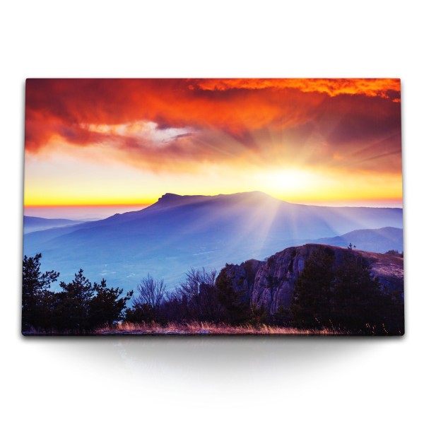 Paul Sinus Art 120x80cm Wandbild auf Leinwand Abendrot Sonnenuntergang Berge Blau Natur