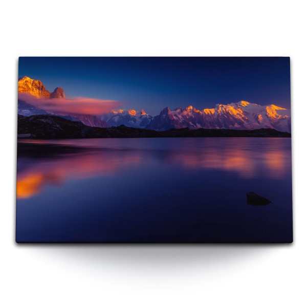 Paul Sinus Art 120x80cm Wandbild auf Leinwand Mont Blanc Alpen Berge Abendrot Nacht Alpensee