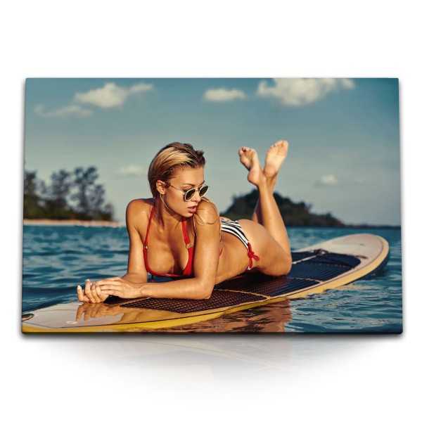 Paul Sinus Art 120x80cm Wandbild auf Leinwand Schöne Frau auf Surfbrett Sexy Bikini Meer