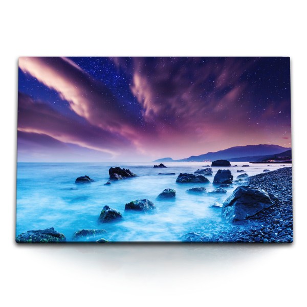 Paul Sinus Art 120x80cm Wandbild auf Leinwand Strand bei Nacht Sternenhimmel Dunkelblau Berge Meer