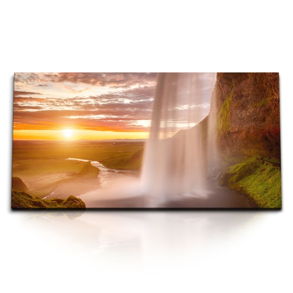 Paul Sinus Art Kunstdruck Bilder 120x60cm Wasserfall Island Seljalandsfoss Sonnenuntergang Abendrot