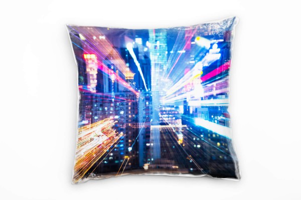 Paul Sinus Art City, Lichtlinien, Hochhäuser, Nacht, blau, pink, gelb Deko Kissen 40x40cm für Couch Sofa Lounge Zie