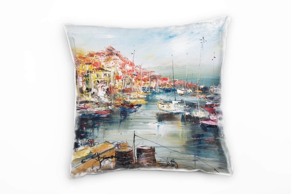 Paul Sinus Art City, Hafen, Boote, gemalt, blau, rot Deko Kissen 40x40cm für Couch Sofa Lounge Zierkissen