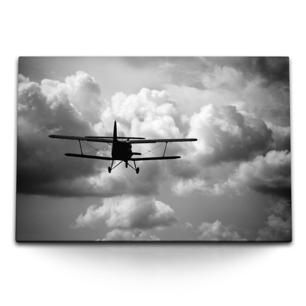 Paul Sinus Art 120x80cm Wandbild auf Leinwand Propellerflugzeug Flugzeug über den Wolken Schwarz Weiß