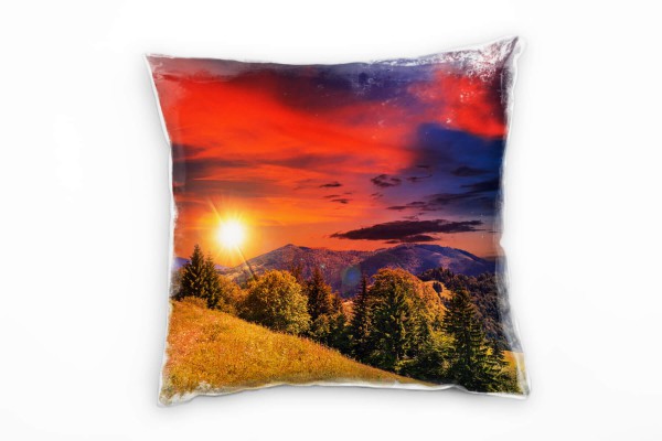 Paul Sinus Art Landschaft, rot, grün, braun, Sonnenuntergang Deko Kissen 40x40cm für Couch Sofa Lounge Zierkissen