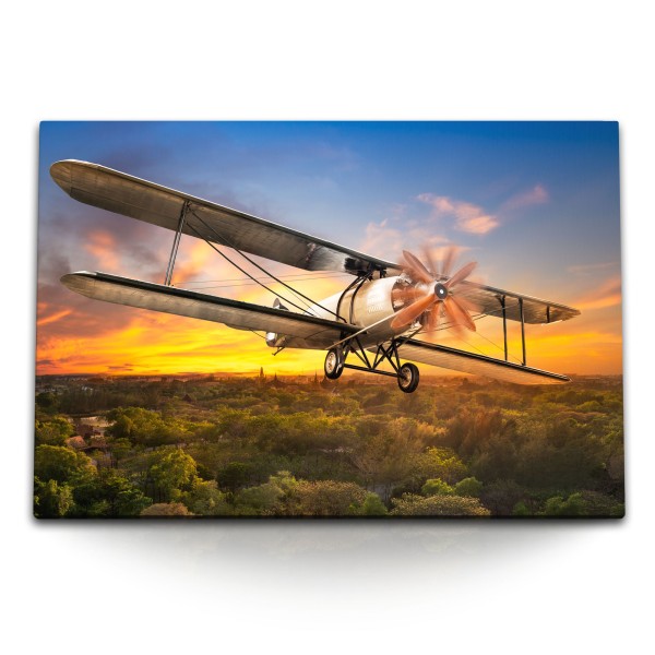 120x80cm Wandbild auf Leinwand Propellerflugzeug Flugzeug Dschungel Sonnenuntergang