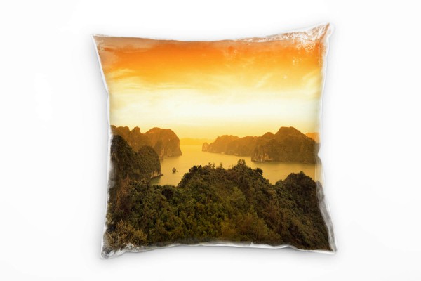 Paul Sinus Art Strand und Meer, Sonnenuntergang, Felsen, orange Deko Kissen 40x40cm für Couch Sofa Lounge Zierkisse