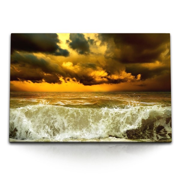 Paul Sinus Art 120x80cm Wandbild auf Leinwand Meer Strand Wellen dunkler Himmel Sturm Horizont