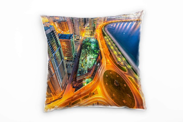 Paul Sinus Art City, blau, orange, Hochhäuser, Nacht, Lichtlinien Deko Kissen 40x40cm für Couch Sofa Lounge Zierkis