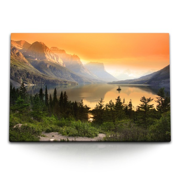 Paul Sinus Art 120x80cm Wandbild auf Leinwand Insel St. Mary Lake Glacier National Park Montana USA