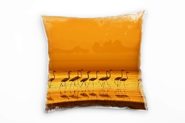 Paul Sinus Art Tiere, Flamingos, Sonnenuntergang, orange Deko Kissen 40x40cm für Couch Sofa Lounge Zierkissen