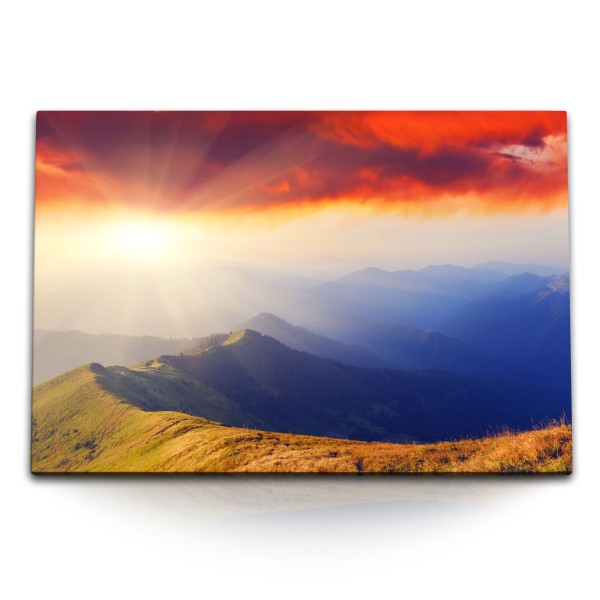 Paul Sinus Art 120x80cm Wandbild auf Leinwand Berge Berglandschaft Sonnenuntergang Natur Blau