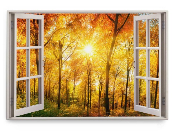 Wandbild 120x80cm Fensterbild Wald Herbstgold Bäume Sonnenstrahlen Natur