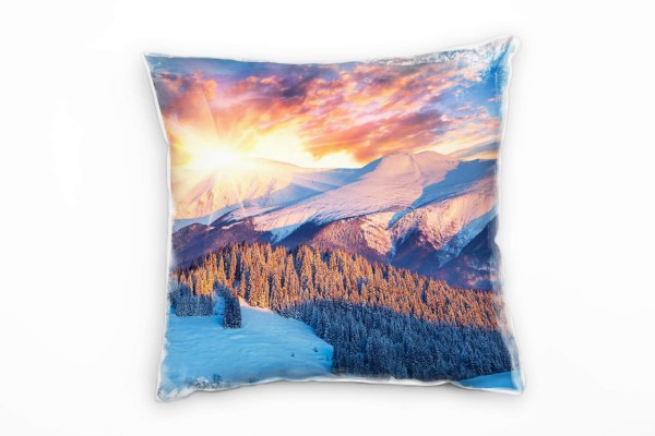 Paul Sinus Art Winter, orange, blau, Schnee, Nadelwald, Berge Deko Kissen 40x40cm für Couch Sofa Lounge Zierkissen