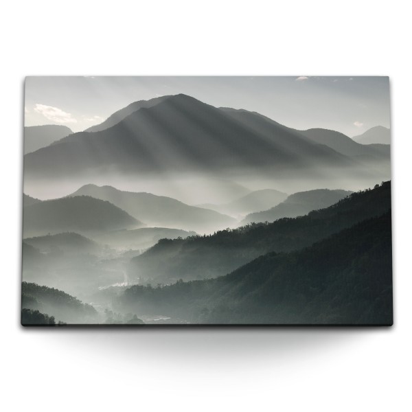 Paul Sinus Art 120x80cm Wandbild auf Leinwand Berg Gebirge Nebel Tannenwald Grau Natur