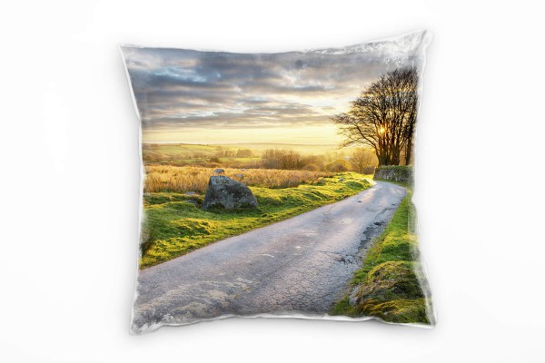 Paul Sinus Art Landschaft, grün, grau, Straße, Sonnenstrahlen Deko Kissen 40x40cm für Couch Sofa Lounge Zierkissen