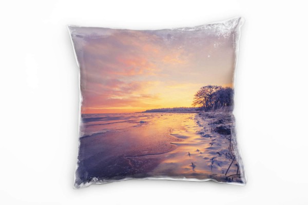 Paul Sinus Art Winter, Schnee, Sonnenuntergang, grau, orange Deko Kissen 40x40cm für Couch Sofa Lounge Zierkissen