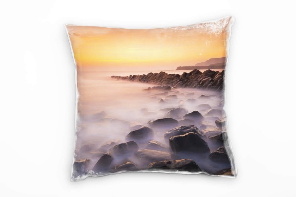 Paul Sinus Art Strand und Meer, Sonnenuntergang, Dunst, grau Deko Kissen 40x40cm für Couch Sofa Lounge Zierkissen