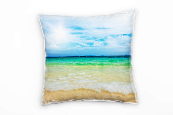 Paul Sinus Art Strand und Meer, gelb, grün, blau, Sonne, Wellen Deko Kissen 40x40cm für Couch Sofa Lounge Zierkisse