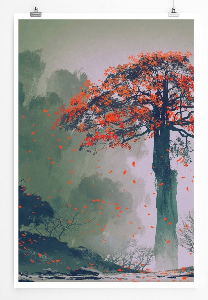 Paul Sinus Art Bild  Einsamer Baum mit roten Blättern 60x90cm Poster