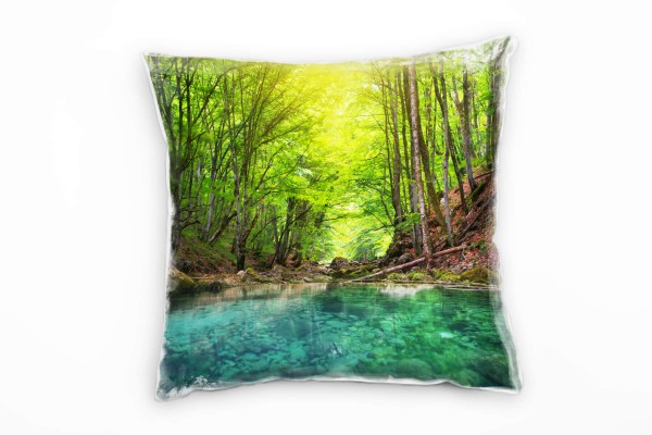 Paul Sinus Art Seen, Wald, Türkises Wasser, grün, kleine Felsen Deko Kissen 40x40cm für Couch Sofa Lounge Zierkisse