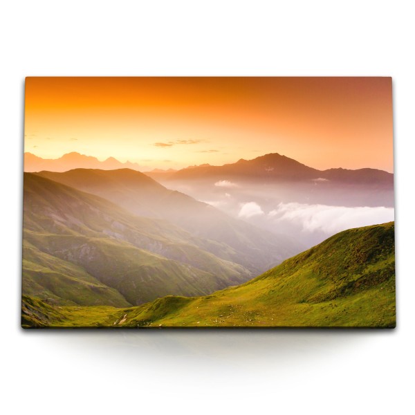 Paul Sinus Art 120x80cm Wandbild auf Leinwand Berge Landschaft roter Himmel Abendrot Natur