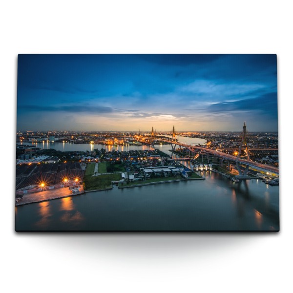 Paul Sinus Art 120x80cm Wandbild auf Leinwand Bhumibol Bridge Bangkok bei Nacht Thailand Horizont