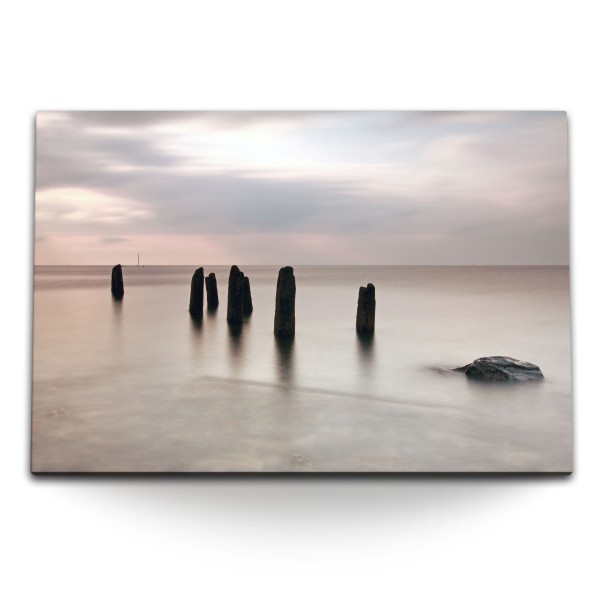 Paul Sinus Art 120x80cm Wandbild auf Leinwand Ruhige See Meer Grau Horizont Holzstege