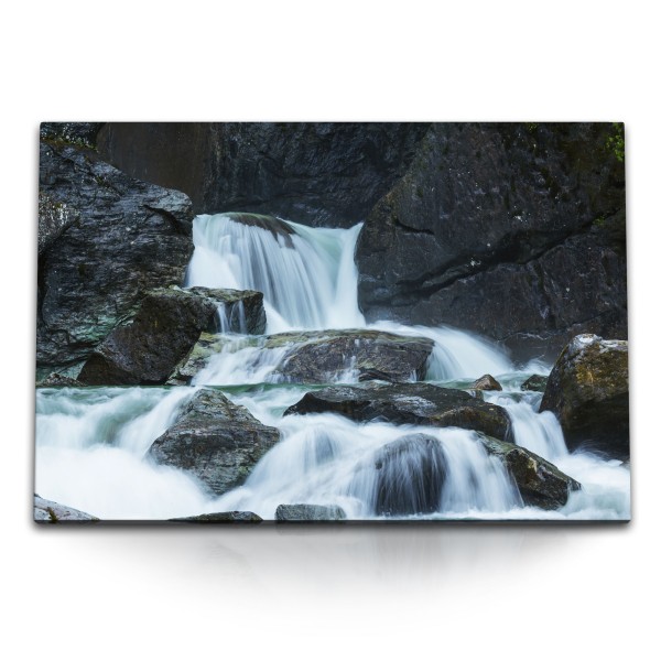 Paul Sinus Art 120x80cm Wandbild auf Leinwand Wasserfall Bach Bergbach Felsen Natur