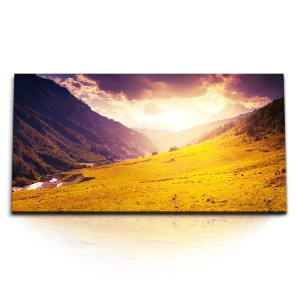 Paul Sinus Art Kunstdruck Bilder 120x60cm Berge Natur Sonnenuntergang Wiese Grün Bergfluss