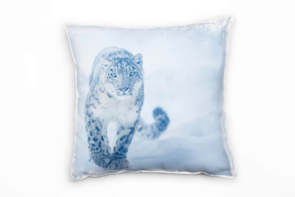 Paul Sinus Art Tiere, Schneeleopard, Schnee, blau, grau Deko Kissen 40x40cm für Couch Sofa Lounge Zierkissen