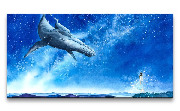 Paul Sinus Art Leinwandbild 120x60cm Fantasievoll Wale Universum Junge Frau Zauberhaft Märchen