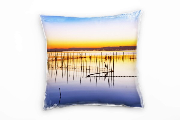 Paul Sinus Art Meer, Sonnenuntergang, Fischernetz, blau, gelb Deko Kissen 40x40cm für Couch Sofa Lounge Zierkissen