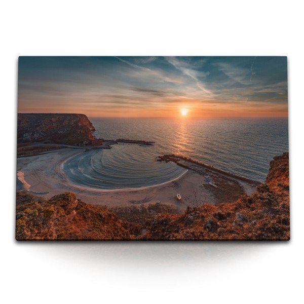 120x80cm Wandbild auf Leinwand Bolata Bulgarien Küste Meer Strand Sonnenuntergang