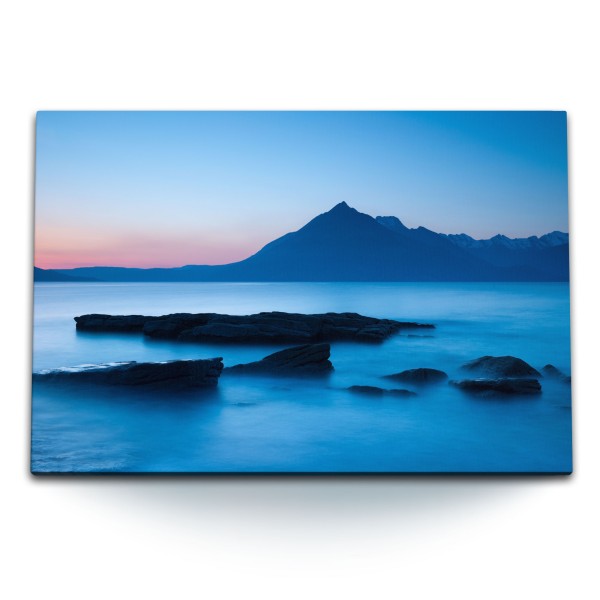 Paul Sinus Art 120x80cm Wandbild auf Leinwand Abendrot Blaue Berge Meer Felsen Natur