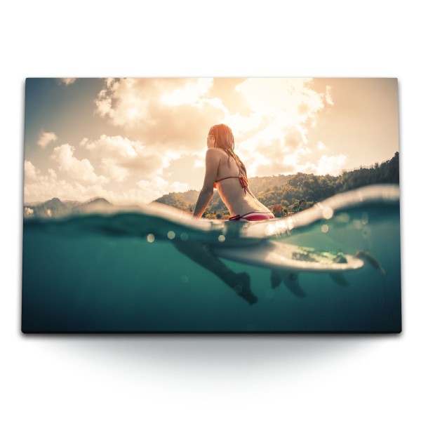 Paul Sinus Art 120x80cm Wandbild auf Leinwand Surferin im Wasser Meer Surfbrett Berge Natur