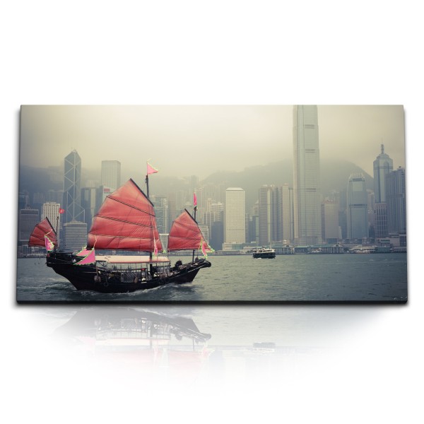 Paul Sinus Art Kunstdruck Bilder 120x60cm Hongkong chinesisches Segelschiff Wolkenkratzer