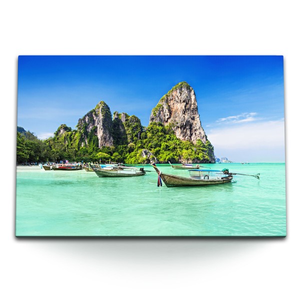 Paul Sinus Art 120x80cm Wandbild auf Leinwand Thailand Insel Meer Ozean Sommer Türkis Boote