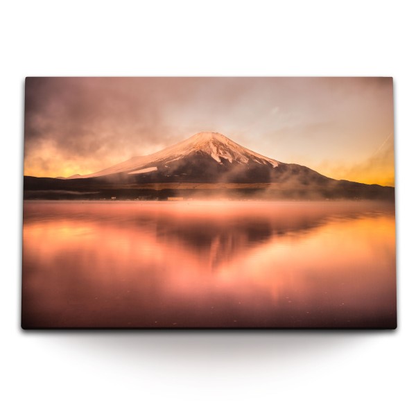 120x80cm Wandbild auf Leinwand Fuji Vulkan Japan See Nebel Sonnenuntergang Abendrot