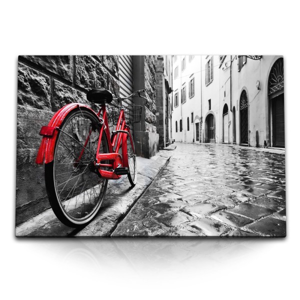 Paul Sinus Art 120x80cm Wandbild auf Leinwand Rotes Fahrrad alte Gasse Italien Fotokunst Pflastersteine