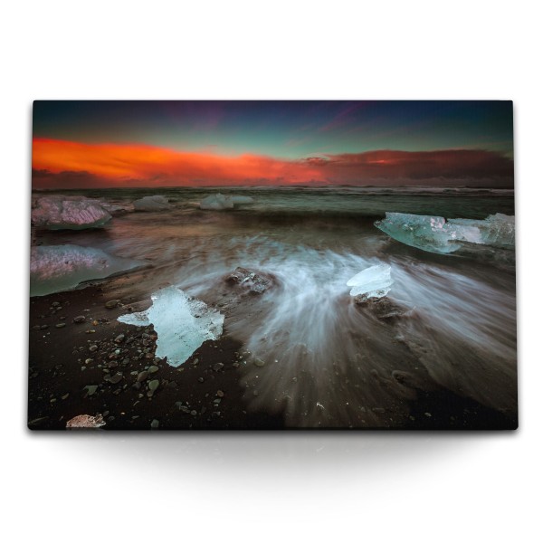 Paul Sinus Art 120x80cm Wandbild auf Leinwand Island Strand Dunkel Eis Ozean roter Himmel