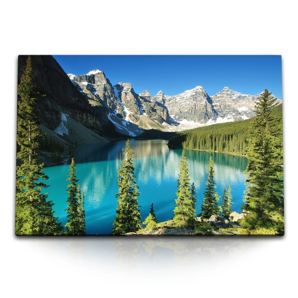 Paul Sinus Art 120x80cm Wandbild auf Leinwand Moraine Lake See in Kanada Berge Tannenwald Natur