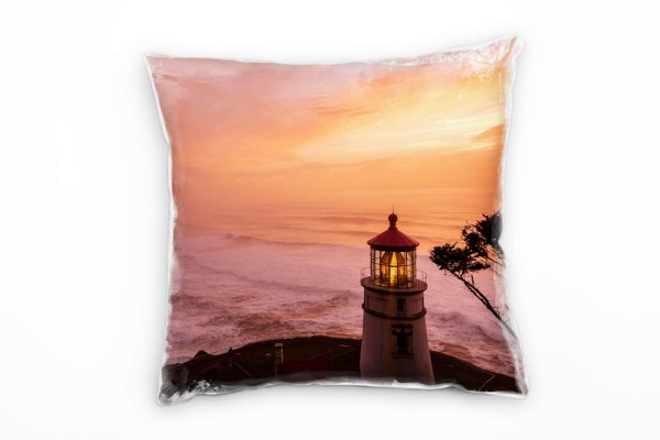 Paul Sinus Art Meer, Sonnenuntergang, Leuchtturm, orange Deko Kissen 40x40cm für Couch Sofa Lounge Zierkissen