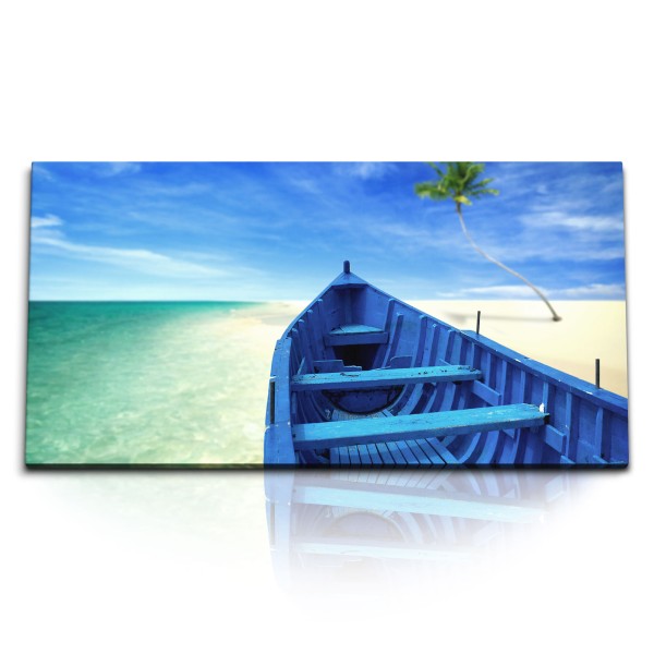 Paul Sinus Art Kunstdruck Bilder 120x60cm Traumstrand Paradies Fischerboot Blau Palme