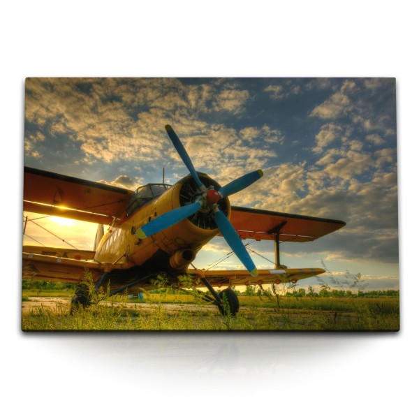 Paul Sinus Art 120x80cm Wandbild auf Leinwand Propellerflugzeug Flugzeug Sportflugzeug Sonnenuntergang