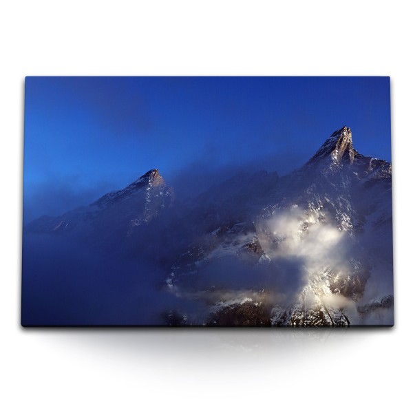 Paul Sinus Art 120x80cm Wandbild auf Leinwand Berggipfel Berge Wolken Natur Gebirge Blau